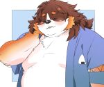  2023 anthro belly bernese_mountain_dog big_belly black_nose blush brown_body canid canine canis domestic_dog eyes_closed hi_res inunoshippo jinbei_(clothing) kemono male mammal molosser mountain_dog overweight overweight_male solo swiss_mountain_dog white_body 