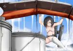  1girl angry armpits bikini black_hair breasts giant giantess gloves industrial_pipe kantai_collection ken_(shutenndouji1) kneehighs kuroshio_(kancolle) looking_away medium_hair navel ocean oil_tanker small_breasts socks solo swimsuit tanker_(ship) teeth torpedo_tubes white_bikini white_gloves white_socks yellow_eyes 