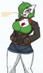  anthro avey big_breasts blush bottomwear breasts choker cleavage clothed clothing english_text fan_character female gardevoir generation_3_pokemon hi_res hotpants jacket jewelry necklace nintendo pace-maker pokemon pokemon_(species) shorts solo text thick_thighs topwear 