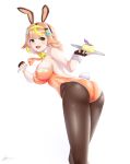  1girl absurdres akatsuki_banmai animal_ears blonde_hair breasts cleavage fake_animal_ears fake_tail highres hitatsuphat large_breasts looking_at_viewer medium_hair nijigen_project playboy_bunny rabbit_tail signature tail tray vietnamese_commentary virtual_youtuber white_background yellow_eyes 
