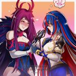  alear_(female)_(fire_emblem) alear_(fire_emblem) blue_hair braid breasts cleavage crown_braid dress fire_emblem fire_emblem_engage gzei headwear_removed highres ivy_(fire_emblem) long_hair multicolored_hair purple_hair red_hair smile split-color_hair tiara very_long_hair yuri 