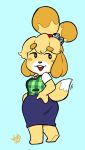  2023 animal_crossing anthro bottomwear canid canine canis clothing dipstick_tail domestic_dog female fur isabelle_(animal_crossing) mammal markings nintendo skirt solo tail tail_markings yellow_body yellow_fur yotomoe 
