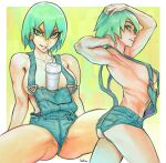  1girl armpits arms_up border breasts cowboy_shot cup debirudude drinking_straw foo_fighters green_hair hair_between_eyes highres jojo_no_kimyou_na_bouken looking_at_viewer micro_shorts multiple_views naked_overalls object_on_breast overall_shorts overalls parted_lips profile revealing_clothes short_hair shorts sideboob signature smile spread_legs stone_ocean tawawa_challenge white_border yellow_background 