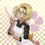  1girl apron armor blonde_hair brown_hairband chatan_nakiri_(tenka_hyakken) checkered_background dark-skinned_female dark_skin floral_background green_eyes hair_intakes hairband hands_up highres holding holding_weapon kappougi onasu_(sawagani) parted_lips ribbon short_hair short_sword shoulder_armor sidelocks sword tantou tenka_hyakken weapon 