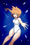  &gt;:) 1girl :d bangs blue_background blue_eyes breasts collarbone commentary_request competition_swimsuit covered_navel highres holding holding_poke_ball legs looking_at_viewer misty_(pokemon) one-piece_swimsuit open_mouth orange_hair poke_ball poke_ball_(basic) pokemon pokemon_(game) pokemon_hgss revision sakuraidai sandals short_hair simple_background smile solo swimsuit thighs v-shaped_eyebrows 