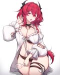  1girl absurdres arknights bare_shoulders bikini black_choker breasts choker cleavage commentary_request cup detached_sleeves hair_between_eyes hair_intakes highres holding holding_cup horns long_hair long_sleeves looking_at_viewer official_alternate_costume open_mouth purple_eyes red_hair rikuguma solo stomach surtr_(arknights) surtr_(colorful_wonderland)_(arknights) swimsuit thigh_strap thighs very_long_hair white_background 