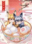  2girls :3 :d absurdres animal_ears black_hair blazer blush bow bowl bowtie branch cherry_blossoms chibi chinese_text closed_mouth eating egasumi extra_ears ezo_red_fox_(kemono_friends) flower food food_request fox_ears fox_girl fox_tail gloves highres in_bowl in_container jacket kemono_friends kemono_friends_kingdom long_hair multiple_girls official_art open_mouth orange_hair pink_flower seigaiha silver_fox_(kemono_friends) smile straight_hair tail 