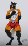  age_difference anthro bulge canid canine clothed clothing digital_media_(artwork) eli_cruz fur hair hi_res male mammal maned_wolf muscular muscular_male nipples older_male phinnherz simple_background solo underwear 
