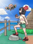 1girl :d bag beanie black_hair blush cloud commentary_request day fence from_side grass green_shorts habatakuhituji hand_up handbag hat holding holding_poke_ball looking_up open_mouth outdoors poke_ball poke_ball_(basic) pokemon pokemon_(creature) pokemon_(game) pokemon_sm red_headwear rock rowlet selene_(pokemon) shirt shoes short_hair short_sleeves shorts sky smile standing t-shirt tied_shirt yellow_shirt 