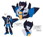  ? ?? blue_eyes decepticon english_commentary english_text full_body highres lastnewage looking_at_viewer looking_to_the_side mecha multiple_views open_mouth portrait robot science_fiction speech_bubble thundercracker transformers transformers:_earthspark white_background 
