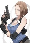  1girl bangs bare_arms beretta_92 black_gloves blue_eyes blue_tank_top blunt_ends breasts brown_hair butcha-u cleavage closed_mouth commentary dog_tags elbow_pads eyelashes fingerless_gloves fingernails gloves grey_pants gun handgun highres holding holding_gun holding_weapon holster jill_valentine large_breasts lips magazine_(weapon) nose pants police_badge reloading resident_evil resident_evil_3:_nemesis resident_evil_3_(remake) short_hair shoulder_holster signature single_elbow_pad sleeveless solo sports_bra straight_hair swept_bangs tank_top trigger_discipline upper_body weapon white_background white_sports_bra 