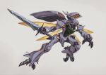  artist_name chinese_commentary dunbine flying full_body grey_background holding holding_sword holding_weapon insect_wings looking_to_the_side mecha no_humans open_hand orange_eyes robot seisenshi_dunbine sfss solo sword weapon wings 