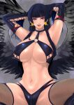  arm_over_head armpits arms_up artist_name azur_lane bangs bikini black_bikini black_choker black_hair black_wings blunt_bangs breasts choker dead_or_alive dead_or_alive_xtreme elbow_gloves feathered_wings fishnet_thighhighs fishnets gloves grey_background groin highres hime_cut large_breasts long_hair looking_at_viewer makeup mole mole_under_mouth navel nyotengu nyotengu_(scarlet-tinged_hot_spring_vacation)_(doa) parted_lips purple_eyes seductive_smile sk_(sk-g) smile spread_legs spread_wings swimsuit thighhighs thighs tongue tongue_out twitter_username wings zipper zipper_panties 