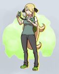  1girl :o backpack bag blonde_hair blush breasts collared_shirt commentary_request cosplay curly_hair cynthia_(pokemon) full_body green_bag green_footwear green_vest habatakuhituji hair_ornament hair_over_one_eye holding long_hair pants pointing pokemon pokemon_(game) pokemon_dppt pokemon_xy purple_eyes shirt shoes short_sleeves solo standing trevor_(pokemon) trevor_(pokemon)_(cosplay) vest white_shirt 