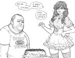  1boy 1girl absurdres apron bb_(baalbuddy) english_text fat fat_man food greyscale highres monochrome obese original pinstripe_pattern sandwich short_twintails simple_background skirt speech_bubble striped twintails wendy&#039;s wendy_(wendy&#039;s) white_background 