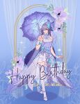  1girl asymmetrical_legwear bangs bare_shoulders bird_hair_ornament black_hair blue_eyes blue_thighhighs closed_mouth commentary crossed_legs dress english_commentary eulyin_huan flower fu_hua hair_ornament hair_over_one_eye happy_birthday high_heels highres holding holding_umbrella honkai_(series) honkai_impact_3rd long_hair mismatched_legwear purple_flower purple_umbrella shoes smile solo thighhighs umbrella very_long_hair white_dress white_footwear white_thighhighs 