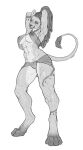  abs absurd_res anthro bottomwear breasts clothing digitigrade dreadlocks ear_piercing felid female greyscale hair hands_behind_head hi_res lion mammal monochrome muscular muscular_anthro muscular_female nipple_outline pantherine piercing silgiriya_mantsugosi sketch solo standing tail tail_tuft tattoo translucent translucent_clothing tuft 