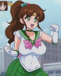  1girl bishoujo_senshi_sailor_moon bow breasts brown_hair building chromatic_aberration city day earrings gloves green_eyes green_skirt hair_bobbles hair_ornament health_bar highres jewelry kino_makoto large_breasts leotard long_hair open_mouth outdoors pink_bow ponytail sailor_jupiter skirt solo tatehizamakura white_gloves white_leotard 