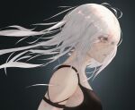  1girl alternate_hair_length alternate_hairstyle aptem bangs black_background black_shirt blue_eyes breasts eyes_visible_through_hair from_side highres long_hair looking_away medium_breasts nier:automata nier_(series) parted_lips profile shirt sideboob simple_background sleeveless sleeveless_shirt solo vignetting white_hair yorha_type_a_no._2 