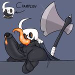  anthro arrow_sign arthropod axe axoarts balls big_balls big_butt big_penis black_body butt digital_media_(artwork) english_text front_view genitals hollow_knight horn huge_penis insect long_tongue male orange_eyes orange_tongue penis sitting solo team_cherry text thick_thighs tongue vein veiny_penis vessel_(species) weapon 