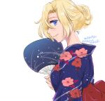  1girl alternate_hairstyle blonde_hair blue_kimono dated floral_print from_behind grey_eyes hair_bun hand_fan hornet_(kancolle) japanese_clothes kantai_collection kimono long_hair orikoshi_shino paper_fan smile solo twitter_username uchiwa upper_body yukata 