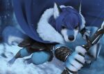  action_pose anthro barefoot black_nose blue_hair bow_(weapon) canid digital_media_(artwork) feet hair hi_res holding_ranged_weapon looking_at_viewer mammal pose ranged_weapon snow solo waynlag weapon 