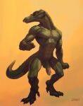 2023 anthro balls crocodile crocodilian crocodylid erection front_view full-length_portrait genitals green_scale hi_res humanoid_genitalia humanoid_penis klongi male muscular muscular_anthro muscular_male nude_anthro nude_male pecs penis portrait reptile scalie simple_background solo standing yellow_background 