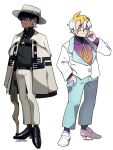  2boys absurdres artist_name black_footwear black_hair black_shirt blonde_hair blue_pants brown_eyes cane coat dark_skin english_commentary glasses gradient_shirt grey_eyes grey_hair hair_over_one_eye hand_in_pocket hand_up hat highres lizardotaku long_sleeves male_focus mimikyu multicolored_hair multiple_boys pants personification poke_ball_symbol pokemon polteageist shirt short_hair smile two-tone_hair white_footwear white_hair 