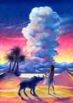  1girl animal bottle brown_hair cloud cloudy_sky cumulonimbus_cloud desert dress flower holding holding_bottle holding_flower ippuqq long_hair oasis original palm_tree rhinoceros sand shadow sky solo sunset traditional_media tree white_dress 