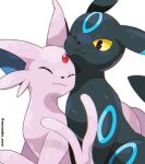  ambiguous_gender duo eeveelution embrace espeon eyes_closed feral generation_2_pokemon hi_res hug nintendo one_eye_closed pokemon pokemon_(species) rorosuke_roro simple_background smile umbreon white_background yellow_eyes 