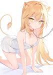 1girl ahoge all_fours animal_ear_fluff animal_ears bangs bare_arms bare_legs bare_shoulders breasts chain closed_mouth collar crossed_bangs dress feet_out_of_frame frilled_dress frills highres indie_virtual_youtuber leash lion_ears lion_girl lion_tail long_hair looking_at_viewer rurudo_lion sidelocks sleeveless sleeveless_dress small_breasts solo sundress tail tail_raised thighs very_long_hair virtual_youtuber white_background white_dress yellow_eyes yuzukicture 