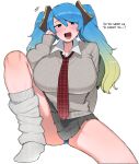  1girl blue_eyes blue_hair breasts cleavage english_text gyaru kogal large_breasts league_of_legends long_hair looking_at_viewer loose_socks multicolored_hair ohasi panties school_uniform shirt sitting skirt socks solo sona_(league_of_legends) sweater twintails underwear very_long_hair 