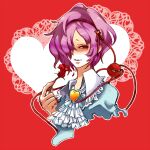  1girl ascot bangs blue_shirt brooch closed_mouth commentary_request eyeball flower frilled_shirt_collar frills hair_between_eyes hair_over_one_eye half-closed_eyes heart heart_brooch holding holding_flower jewelry komeiji_satori looking_at_viewer messy_hair pink_hair purple_eyes red_eyes red_flower red_rose rose shin&#039;ichi_(yokosuka220) shirt short_hair solo third_eye touhou upper_body 