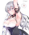  1girl 2022 anger_vein arm_up armpits artist_name bangs breasts bronya_zaychik bronya_zaychik_(silverwing:_n-ex) cleavage dated dress drill_hair earrings grey_eyes grey_hair highres honkai_(series) honkai_impact_3rd jewelry kiw_kiu large_breasts long_hair looking_at_viewer parted_lips presenting_armpit simple_background solo spoken_anger_vein twin_drills upper_body very_long_hair white_background white_dress 