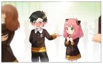  1boy 2girls anya_(spy_x_family) arm_behind_back black_hair child commentary damian_desmond dancing dress eden_academy_school_uniform female_child green_eyes hairpods highres male_child multiple_girls nako_(unclebanana) outstretched_hand pink_hair school_uniform spy_x_family tears 