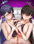  2girls bangs bikini black_bikini black_hair blue_archive blue_eyes blue_hair blurry blurry_background blush breasts cleavage closed_mouth collarbone commentary_request glasses gloves halo hand_up heart highres large_breasts long_hair multiple_girls navel pointy_ears red_eyes rin_(blue_archive) rio_(blue_archive) sideboob swimsuit tyamurai33 v white_gloves 