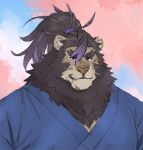  anthro asian_clothing brown_body brown_fur clothing east_asian_clothing felid fur hair japanese_clothing kimono lifewonders lion live_a_hero long_hair male mammal mane pantherine ponytail rossciaco scar smile snaggle_tooth solo toshu 