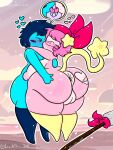  &lt;3 anthro anus bandana_waddle_dee bandanna big_breasts big_butt blue_body blue_hair breasts butt duo eyewear female french_kissing genitals glasses hair hi_res huge_breasts huge_butt kerchief kirby_(series) kissing lewdchuu_(artist) male male/female melee_weapon nintendo pink_body pink_eyes pink_hair polearm pussy spear tongue waddle_dee weapon 