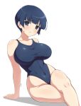  1girl arm_support bangs black_hair black_one-piece_swimsuit blue_eyes blunt_bangs breasts commentary_request competition_swimsuit elun embarrassed feet_out_of_frame highleg highleg_swimsuit highres large_breasts one-piece_swimsuit senran_kagura senran_kagura_shinovi_versus short_hair simple_background solo swimsuit white_background yozakura_(senran_kagura) 