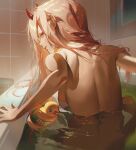  1girl arm_support bathing bathroom bathtub breasts chainsaw_man fajyobore highres horns long_hair looking_at_viewer looking_back nude oni_horns orange_eyes partially_submerged pink_hair power_(chainsaw_man) red_horns rubber_duck shoulder_blades sideboob smile solo water window 