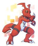  2_toes ambiguous_gender anthro bandai_namco black_markings black_sclera claws digimon digimon_(species) drvee feet guilmon head_wings markings pose pupils red_body red_skin reptile scalie sharp_teeth slit_pupils solo teeth toe_claws toes white_body white_skin wings 