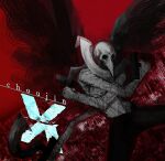  1boy animal_skull bandaged_arm bandaged_chest bandages beak bestial_choujin black_pants choujin_x copyright_name extra_arms holding holding_sword holding_weapon hollow_eyes kurohara_tokio_(choujin_x) malcolm_(oneiropom_piac) monochrome pants red_theme shotel solo spot_color sword weapon 