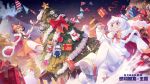  2girls animal_ears brown_eyes brown_hair chevrotain_(kemono_friends) christmas christmas_ornaments christmas_present christmas_tree cloak extra_ears gift gloves highres kemono_friends kemono_friends_kingdom least_weasel_(kemono_friends) mountain multiple_girls night official_art pantyhose ribbon shoes short_hair shorts skirt snow snowman sweater tail white_hair 