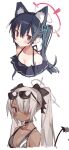  animal_ear_fluff animal_ears bangs bikini black_bikini black_choker black_hair black_ribbon blue_archive blue_ribbon blush breasts choker cleavage closed_mouth cropped_torso dark-skinned_female dark_skin eyewear_on_head frilled_bikini frills grey_hair hair_between_eyes hair_over_one_eye hair_ribbon halo iori_(blue_archive) iori_(swimsuit)_(blue_archive) long_hair looking_at_viewer np_nmmm pointy_ears red_eyes ribbon serika_(blue_archive) serika_(swimsuit)_(blue_archive) simple_background small_breasts sunglasses sweat swimsuit tail twintails white_background 