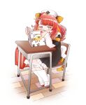  animal_ears back_bow backpack bag black_dress blush book bow chair classroom covering_mouth desk dress eyelashes gaou_torai hair_ornament hairclip hat highres indie_virtual_youtuber nurse_cap open_book paw_hair_ornament randoseru reading red_hair sayonara_vespa school_desk sitting socks striped_tail tail tiger_ears tiger_girl tiger_tail virtual_youtuber white_bow white_footwear white_headwear white_socks 