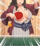  1girl ball black_hair blush breasts collarbone commentary head_out_of_frame highres holding holding_paddle indoors japanese_clothes kimono large_breasts lips long_hair mole mole_on_breast open_clothes open_mouth original paddle ryokucha_michi solo sweat table_tennis table_tennis_ball table_tennis_net table_tennis_paddle tongue 