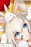  animal animal_ears animal_on_head bangs blue_eyes blush chinese_zodiac egasumi facepaint grey_hair head_tilt highres long_hair looking_away looking_to_the_side looking_up nengajou new_year on_head open_mouth original parted_lips rabbit rabbit_ears rabbit_girl year_of_the_rabbit yuki_usagi_(ponpon_0523) 