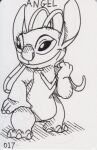  2022 4_fingers alien angel_(lilo_and_stitch) antennae_(anatomy) antennae_markings anthro character_name chest_markings disney english_text experiment_(lilo_and_stitch) eyelashes female fingers lilo_and_stitch long_antennae looking_away markings rainstormcheetah simple_background sketch smile solo standing text traditional_media_(artwork) white_background 