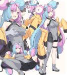  1boy 1girl bike_shorts black_hair blue_hair bow-shaped_hair breasts cameltoe character_hair_ornament covered_navel covered_nipples florian_(pokemon) grabbing grabbing_from_behind grey_footwear grey_pantyhose grey_shirt hair_ornament iono_(pokemon) jacket long_hair looking_at_breasts medium_breasts multicolored_hair multiple_views off_shoulder open_clothes open_jacket oversized_clothes pantyhose pink_eyes pink_hair pokemon pokemon_(game) pokemon_sv sharp_teeth shirt shiseki_hirame short_hair single_leg_pantyhose sleeveless sleeveless_shirt sleeves_past_fingers sleeves_past_wrists spread_legs surprised sweatdrop teeth twintails two-tone_hair very_long_hair white_background yellow_jacket 