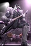  abs amonsyd amplifier anthro chest_tuft clawed_feet clawed_hands crotch_tuft crouching drum drum_set electric_guitar generation_8_pokemon guitar hi_res leg_tuft looking_at_viewer male muscular muscular_arms muscular_male musical_instrument nintendo null obstagoon pecs percussion_instrument plucked_string_instrument pokemon pokemon_(species) red_sclera shoulder_tuft solo spotlight spread_legs spreading stage string_instrument tongue tongue_out tuft 
